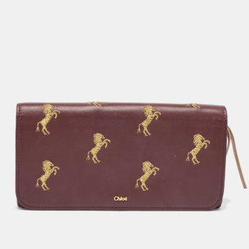 CHLOE Burgundy Leather Horse Embroidered Flap Continental Wallet