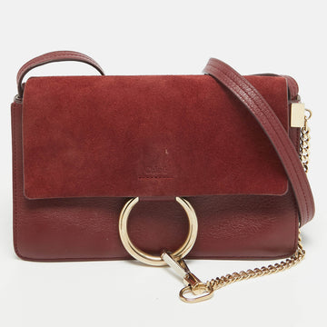 CHLOE Burgundy Leather and Suede Small Faye Shoulder Bag