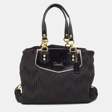COACH Black Pleated Satin and Patent Leather Ashley Tote