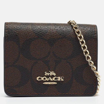 COACH Black/Brown Signature Coated Canvas and Leather Mini Chain Card Case
