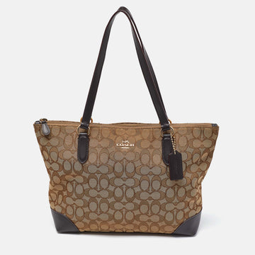 COACH Beige/Brown Signature Jacquard and Leather Zip Tote