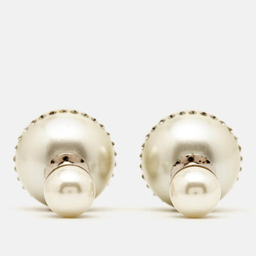 DIOR Tribales Faux Pearl Crystal Embellished Silver Tone Earrings