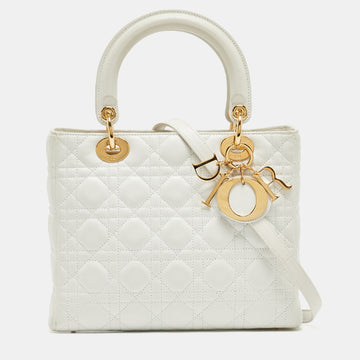 DIOR White Cannage Leather Medium Lady  Tote