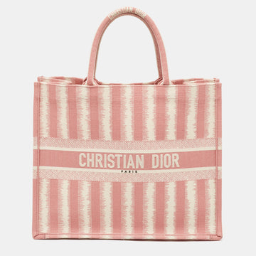 DIOR Pink/White Stripe Embroidered Canvas Large Book Tote