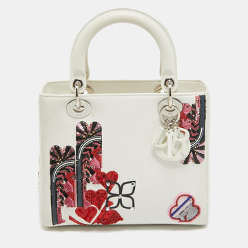 DIOR White Leather Medium Sequin and Embroidered Lady  Tote