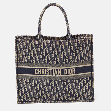 DIOR Navy Blue Oblique Embroidered Canvas Large Book Tote