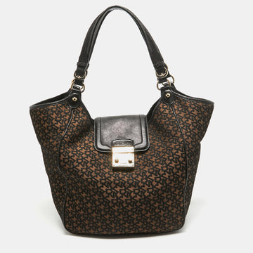 DKNY Black/Brown Monogram Jacquard Fabric and Leather Tote