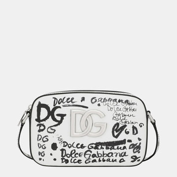 DOLCE & GABBANA Black & White - Leather - Logo Printed Crossbody Bag