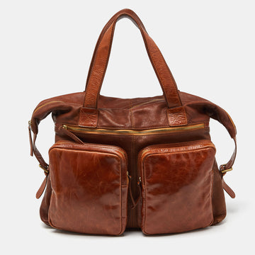 DOLCE & GABBANA Tan Leather Double Pocket Weekender Bag