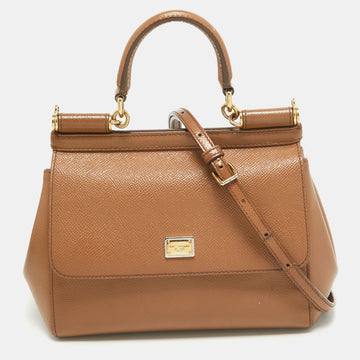 DOLCE & GABBANA Brown Leather Small Miss Sicily Top Handle Bag