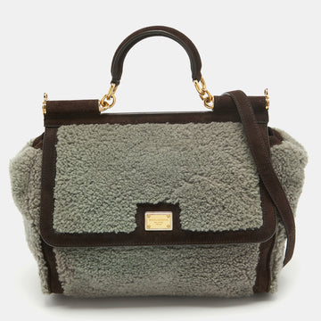 DOLCE & GABBANA Brown/Grey Suede and Shearling Large Miss Sicily Top Handle Bag