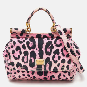 DOLCE & GABBANA Pink/Black Leopard Print Canvas Medium Miss Sicily Top Handle Bag