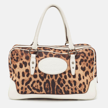 DOLCE & GABBANA White/Brown Leopard Print Canvas and Leather Logo Satchel