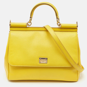 DOLCE & GABBANA Yellow Leather Large Miss Sicily Top Handle Bag