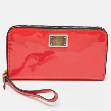 DOLCE & GABBANA Red Patent Leather Zip Around Wristlet Wallet