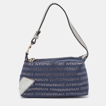 EMPORIO ARMANI Blue/Grey Signature Fabric and Leather Bag