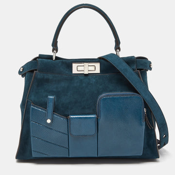 FENDI Blue Watersnake Leather and Suede Regular Peekaboo Top Handle Bag