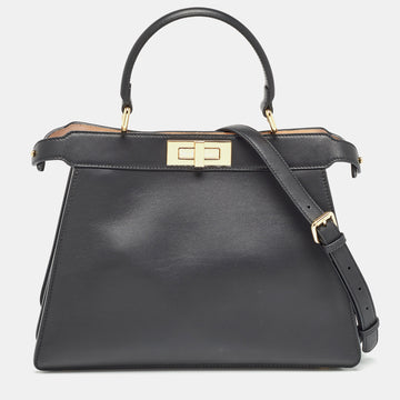 FENDI Black Leather Medium Peekaboo ISeeU Top Handle Bag
