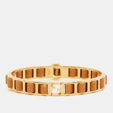 FENDI sta Gold Tone Brown Leather Woven Bangle Bracelet
