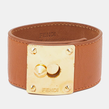 FENDI Goldmine Brown Leather Gold Tone Wide Bracelet