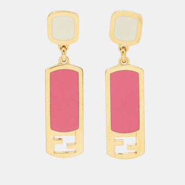 FENDI Gold Tone Pink Enamel Drop Earrings