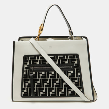 FENDI White/Black Leather and Velvet FF Runaway Top Handle Bag