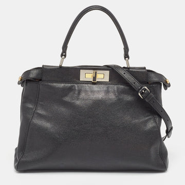 FENDI Black Leather Medium Peekaboo Top Handle Bag