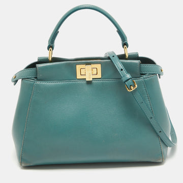 FENDI Teal Blue Leather Mini Peekaboo Top Handle Bag