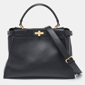 FENDI Black Leather Regular Peekaboo Top Handle Bag
