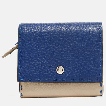 FENDI Blue/White Selleria Leather Flap Compact Wallet