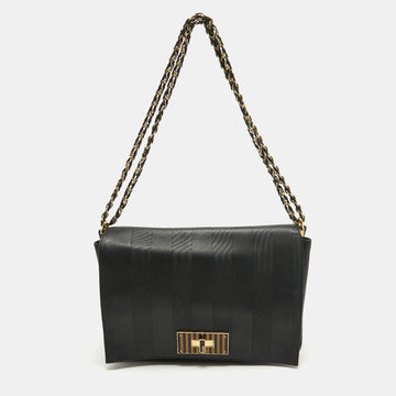 FENDI Black Stripe Embossed Leather Large Claudia Shoulder Bag