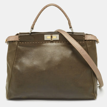 FENDI Olive Green/Beige Selleria Leather Large Peekaboo Top Handle Bag
