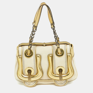 FENDI Gold/Beige Canvas and Patent Leather B Shoulder Bag