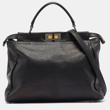 FENDI Black Leather Large Peekaboo Top Handle Bag