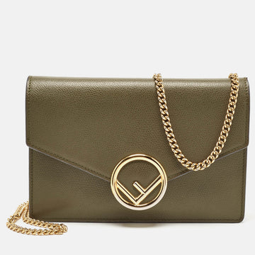 FENDI Olive Green Leather F is  Wallet on Chain
