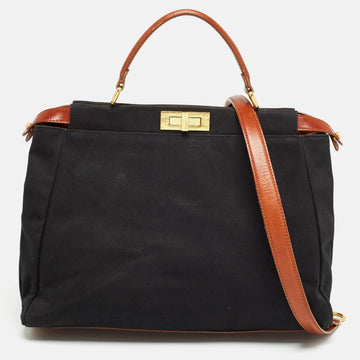 FENDI Black/Brown Leather and Canvas Large Peekaboo Top Handle Bag