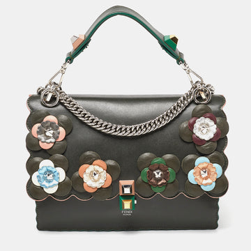 FENDI Green Floral Applique Leather Medium Kan I Top Handle Bag