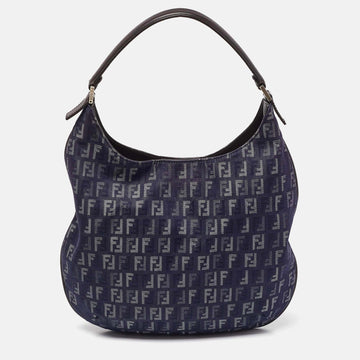 FENDI Blue/Brown Zucchino Fabric and Leather Hobo