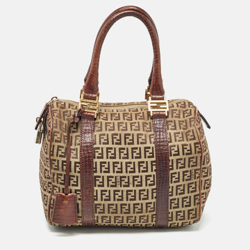 FENDI Brown/Beige Zucchino Canvas and Leather Small Forever Bauletto Bag
