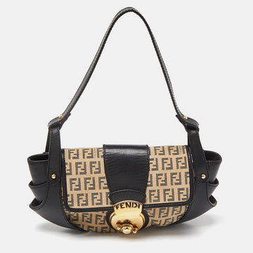 FENDI Beige/Black Zucchino Canvas and Leather Compilation Baguette Bag