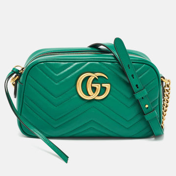 GUCCI Green Matelasse Leather Small GG Marmont Shoulder Bag