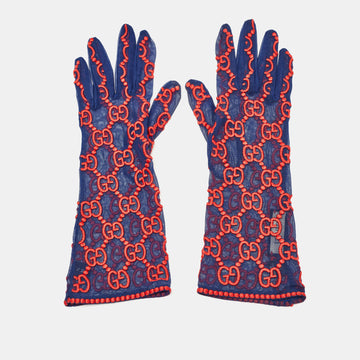 GUCCI Blue/Red GG Embroidered Tulle Gloves M