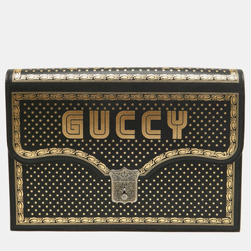 GUCCI Black/Gold Leather Printed GUCCY Portfolio Clutch