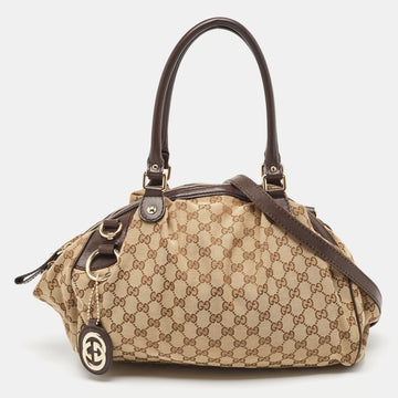 GUCCI Brown/Beige GG Canvas and Leather Sukey Boston Bag