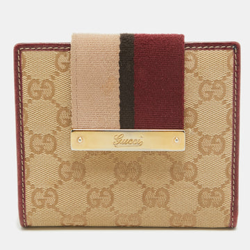 GUCCI Beige/Burgundy GG Canvas and Leather Web Flap French Wallet
