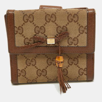 GUCCI Brown/Beige GG Canvas and Leather Bamboo Tassel Compact Wallet