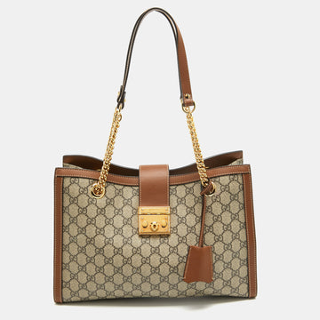 GUCCI Beige/Brown GG Supreme Canvas and Leather Medium Padlock Tote