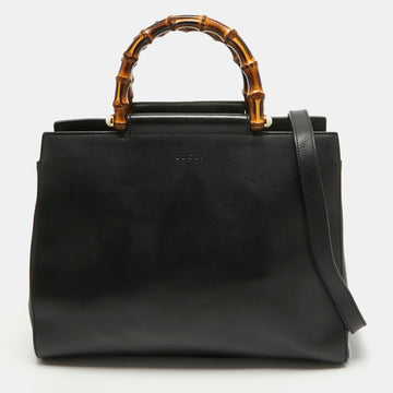 GUCCI Black Leather Bamboo Nymphaea Tote