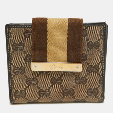 GUCCI Beige/Brown GG Supreme Canvas Web Flap French Wallet