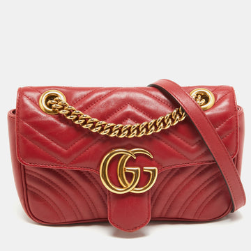 GUCCI Red Matelasse Leather Mini GG Marmont Shoulder Bag